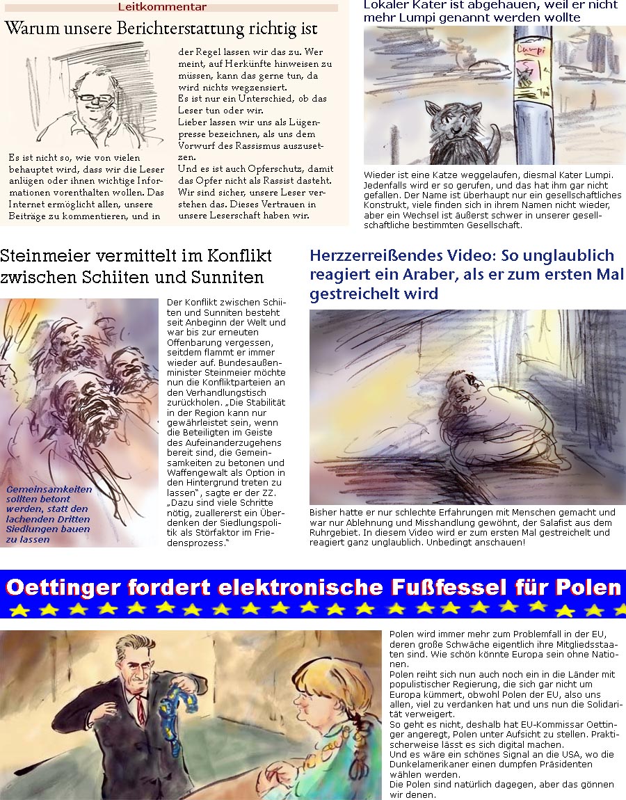 ZellerZeitung.de Seite 208 - Oettinger fordert elektronische Fufessel fr Polen / Verngstigter Araber wird zum ersten Mal gestreichelt / Steinmeier vermittelt zwischen Schiiten und Sunniten / Katze abgehauen, weil sie nicht mehr lumpi genannt werden wollte / Glaubwrdiger Journalismus muss auswhlen