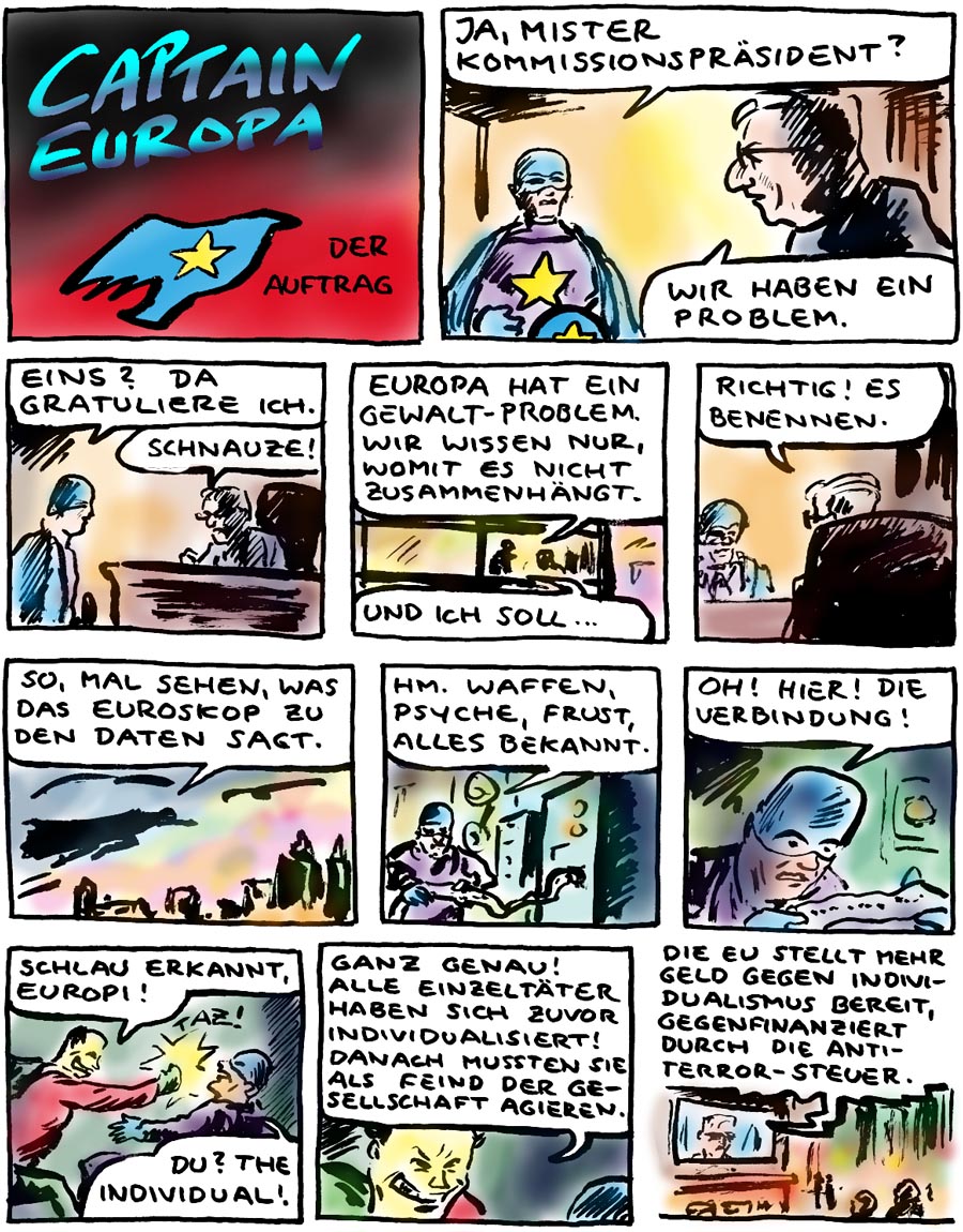 ZellerZeitung.de Seite 294 - Die Comicseite: Captain Europa soll herausfinden, ob es einen Zusammenhang zwischen den Einzelttern gibt.