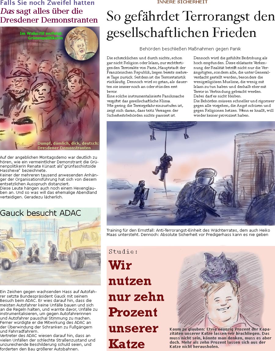 ZellerZeitung.de Seite 61 - Alles ber Dresdener Demonstranten / Terrorangst gefhrdet 
<br>gesellschaftlichen Frieden / Gauck besucht ADAC / 
<br>Wir nutzen nur 10 Prozent unserer Katzenkapazitt