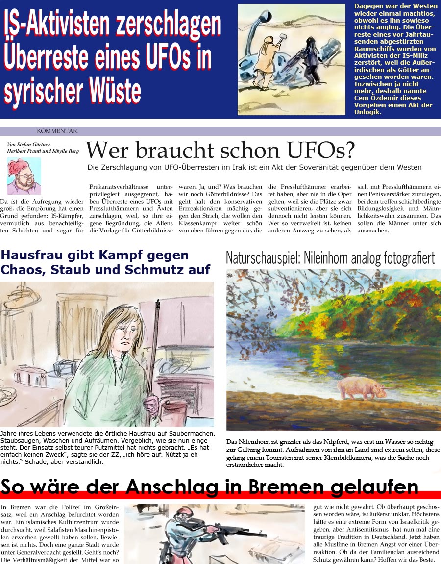 ZellerZeitung.de Seite 79 - IS zerstrt UFO / Hausfrau gibt auf / Nileinhorn fotografiert 
<br>So wre der Anschlag in Bremen gewesen