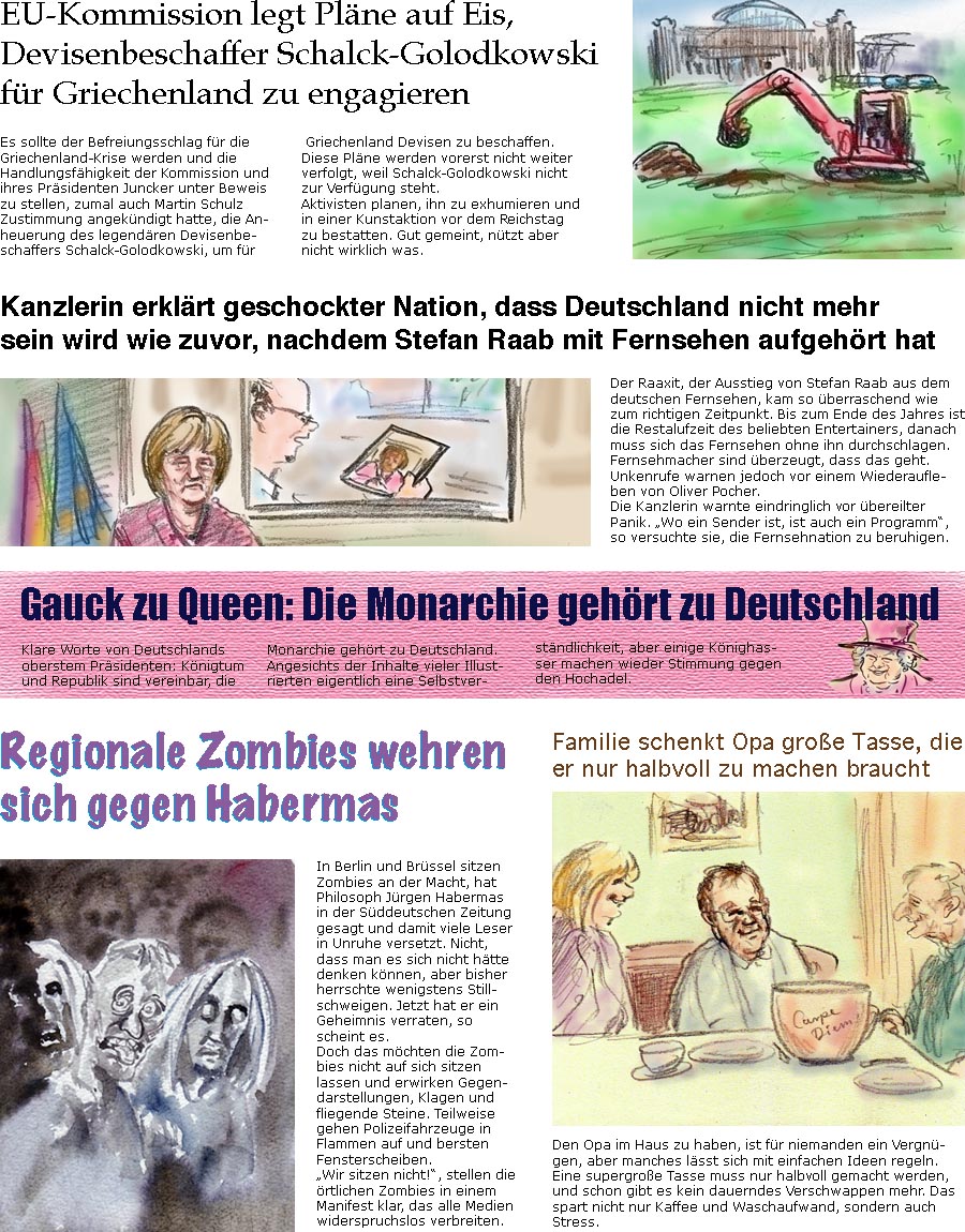 ZellerZeitung.de Seite 120 - Nun doch nicht: EU wollte Schalck-Golodkowski fr Griechenland engagieren / 
<br>Kanzlerin: Deutschland nicht mehr dasselbe ohne Stefan Raab / 
<br>Gauck zu Queen: Monarchie gehrt zu Deutschland / 
<br>Zombies gegen Habermas